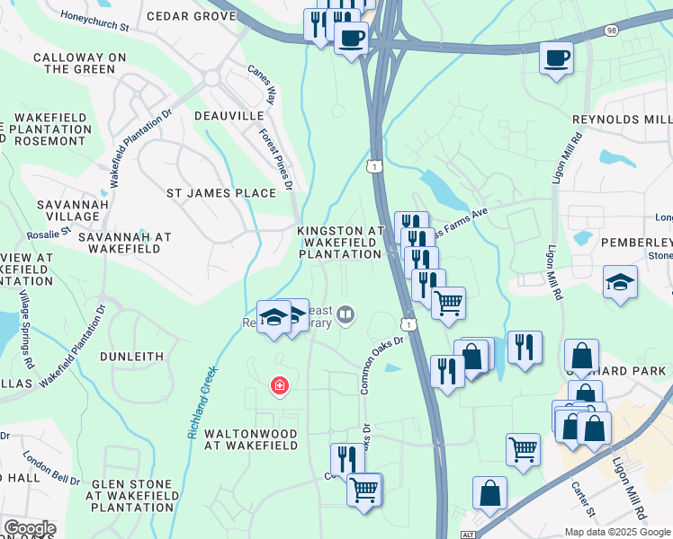map of restaurants, bars, coffee shops, grocery stores, and more near 11721 Coppergate Drive in Raleigh