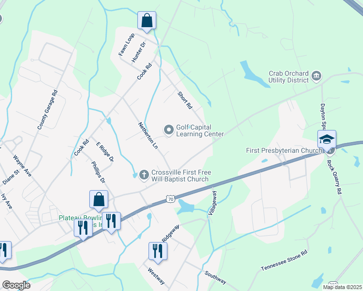 map of restaurants, bars, coffee shops, grocery stores, and more near 1361 East 1st Street in Crossville