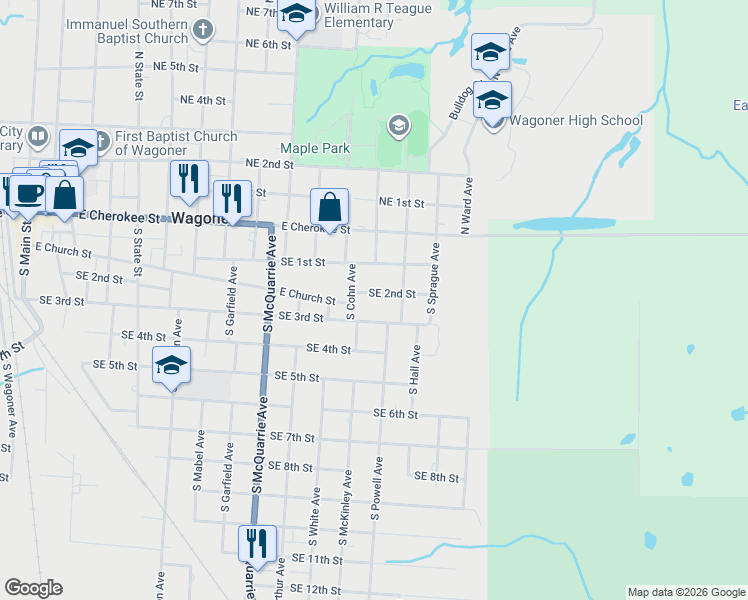map of restaurants, bars, coffee shops, grocery stores, and more near 1201 Southeast 3rd Street in Wagoner