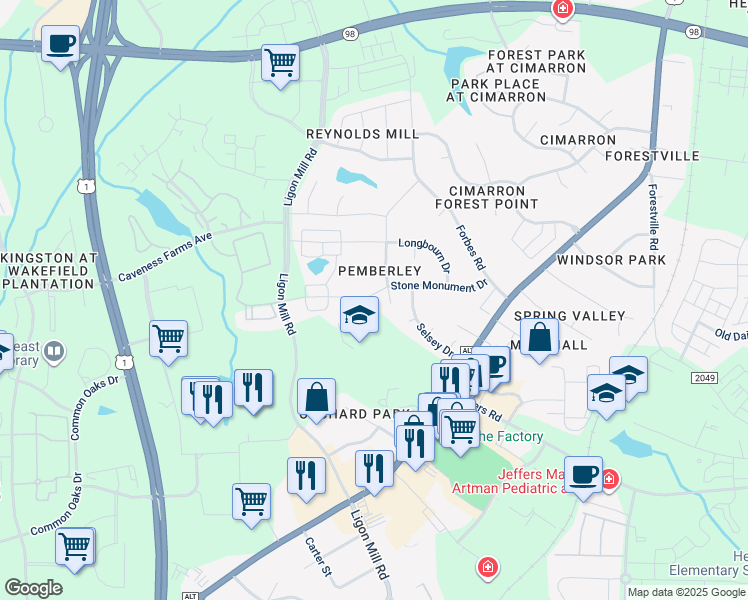 map of restaurants, bars, coffee shops, grocery stores, and more near 405 Stone Monument Drive in Wake Forest