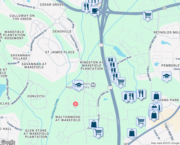 map of restaurants, bars, coffee shops, grocery stores, and more near 11711 Coppergate Drive in Raleigh