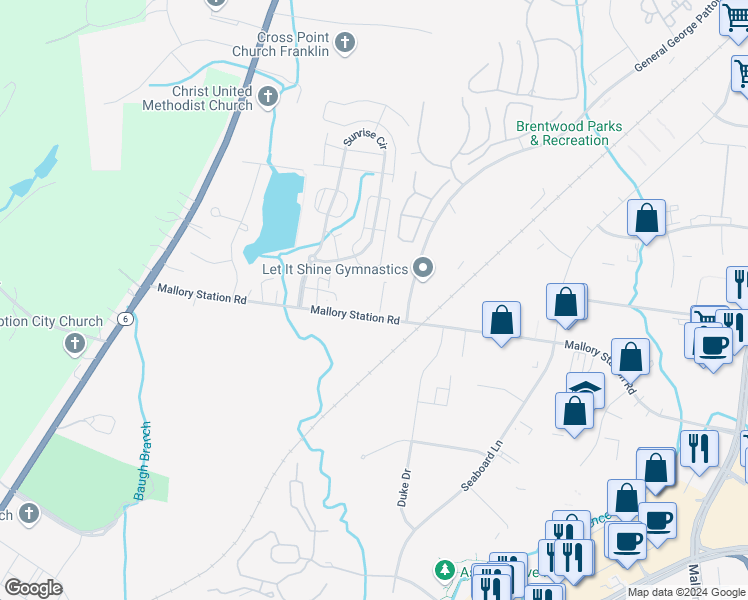 map of restaurants, bars, coffee shops, grocery stores, and more near 222 Mallory Station Road in Franklin