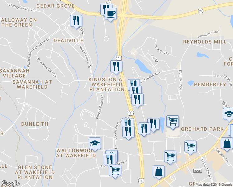 map of restaurants, bars, coffee shops, grocery stores, and more near 11831 Mezzanine Drive in Raleigh