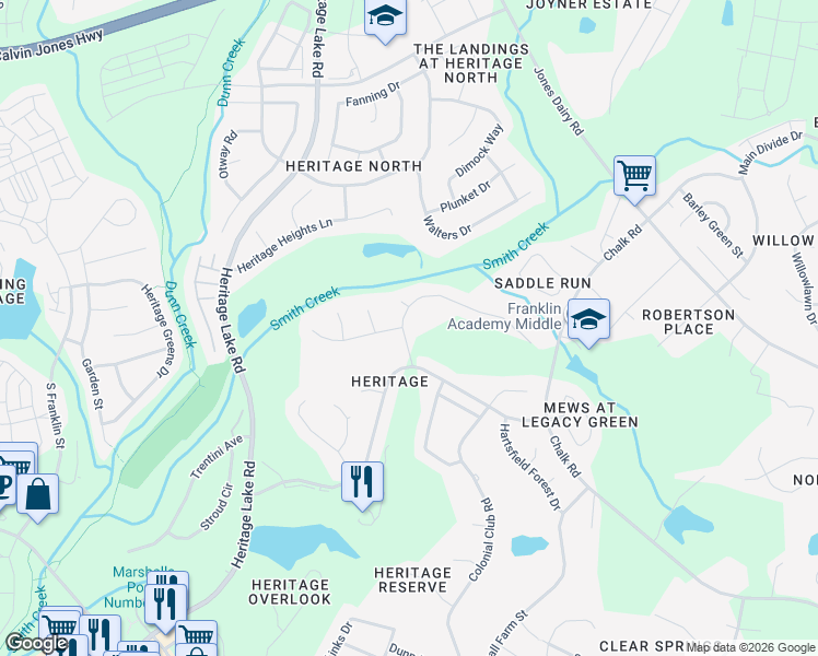 map of restaurants, bars, coffee shops, grocery stores, and more near 1101 Hidden Jewel Lane in Wake Forest