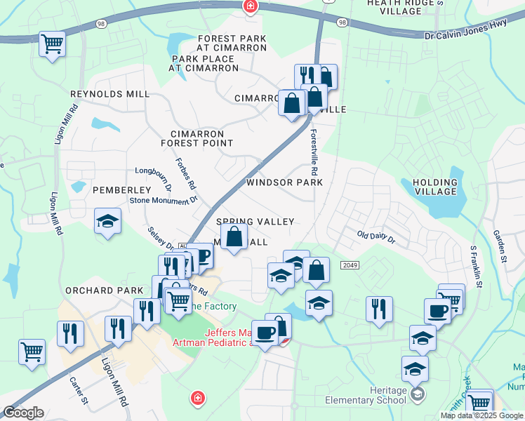 map of restaurants, bars, coffee shops, grocery stores, and more near 142 Spring Park Road in Wake Forest