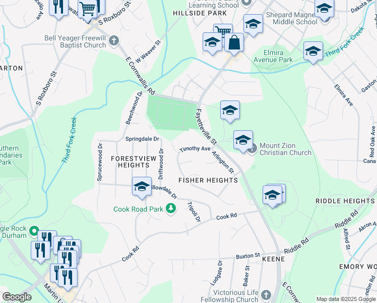 map of restaurants, bars, coffee shops, grocery stores, and more near 1310 Timothy Avenue in Durham