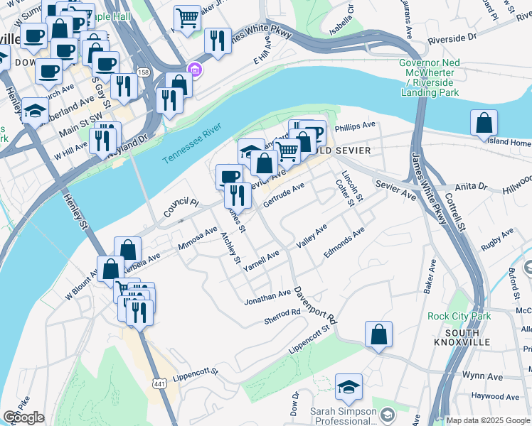 map of restaurants, bars, coffee shops, grocery stores, and more near 612 Gertrude Avenue in Knoxville