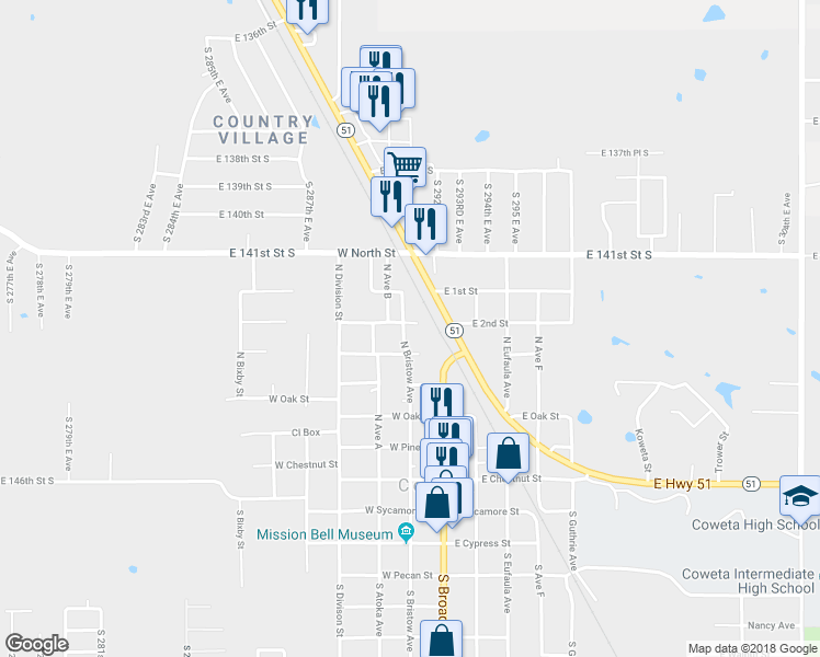map of restaurants, bars, coffee shops, grocery stores, and more near 119 West Redwood Street in Coweta