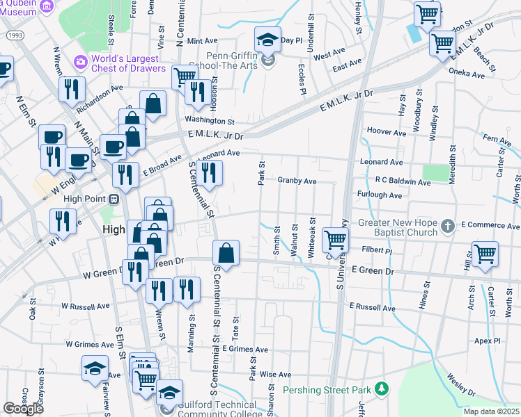 map of restaurants, bars, coffee shops, grocery stores, and more near 706 East Commerce Avenue in High Point