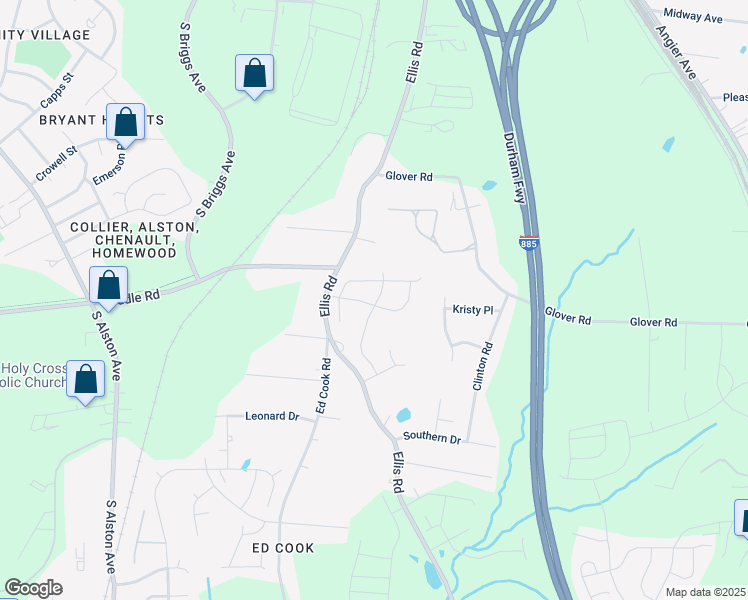 map of restaurants, bars, coffee shops, grocery stores, and more near 1041 Amber Shadow Drive in Durham