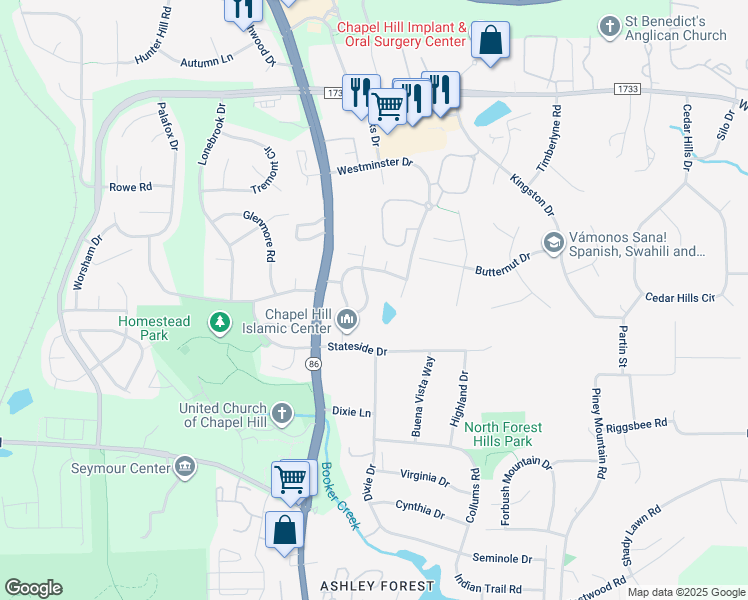 map of restaurants, bars, coffee shops, grocery stores, and more near 210 Black Tie Lane in Chapel Hill