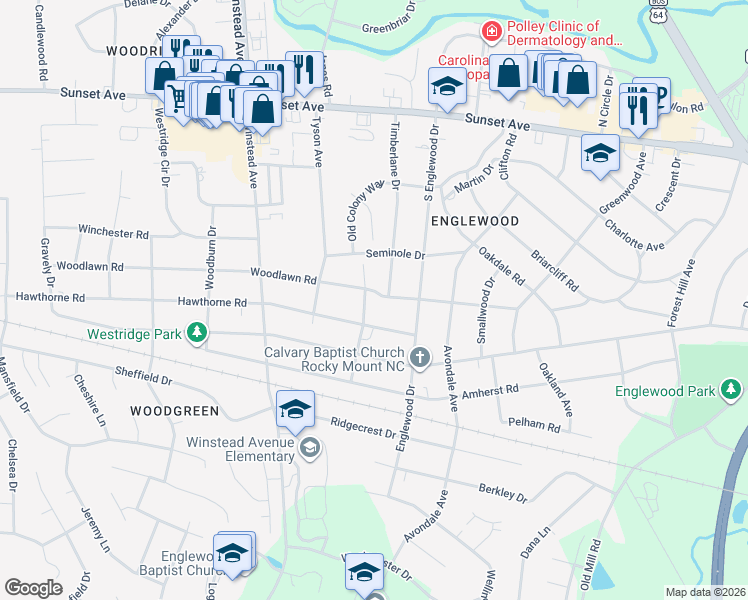 map of restaurants, bars, coffee shops, grocery stores, and more near 3217 Woodlawn Road in Rocky Mount