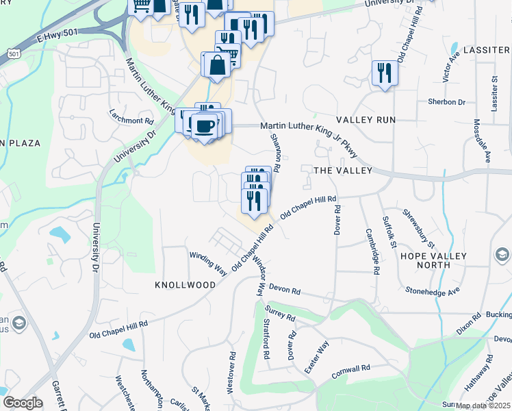 map of restaurants, bars, coffee shops, grocery stores, and more near 7250 North Carolina 751 in Durham