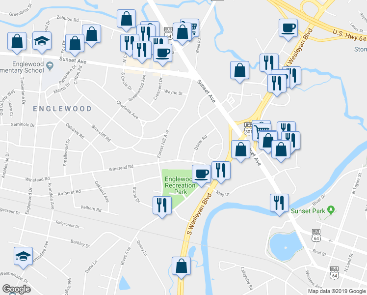 map of restaurants, bars, coffee shops, grocery stores, and more near 233 Westview Park Drive in Rocky Mount