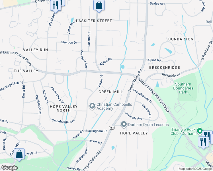 map of restaurants, bars, coffee shops, grocery stores, and more near 9 Logging Trail in Durham