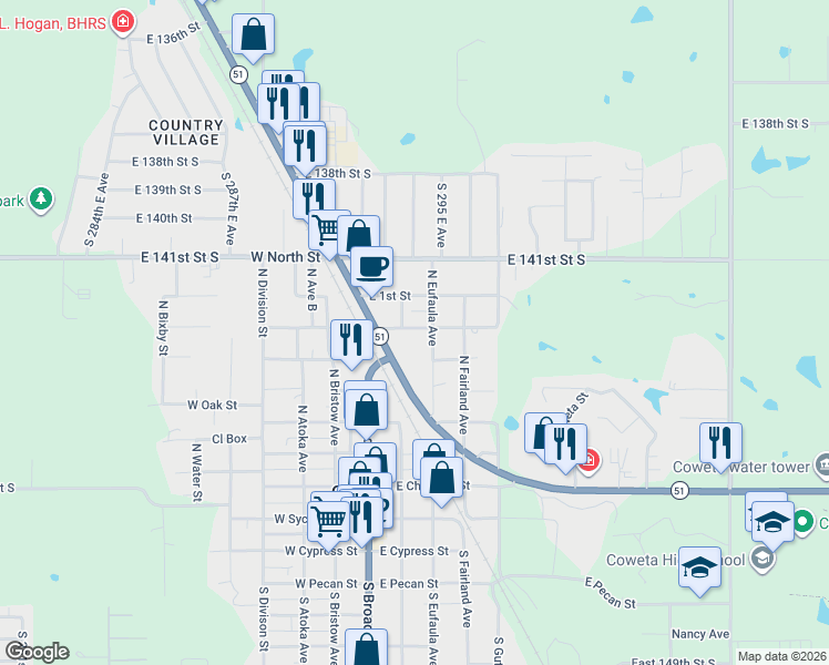 map of restaurants, bars, coffee shops, grocery stores, and more near 210 East Redwood Street in Coweta
