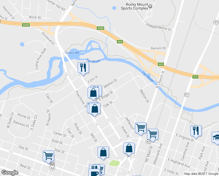 map of restaurants, bars, coffee shops, grocery stores, and more near 914 Belleview Avenue in Rocky Mount
