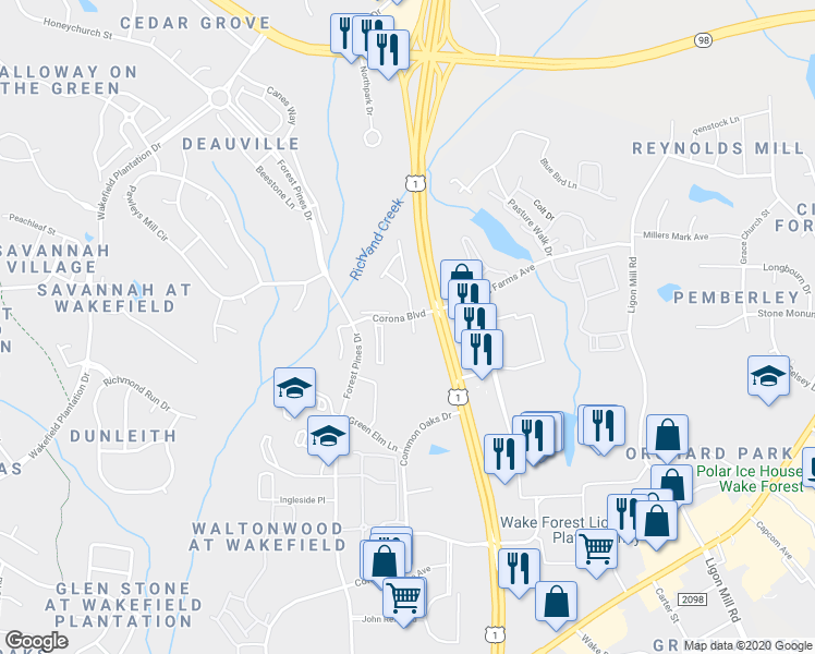 map of restaurants, bars, coffee shops, grocery stores, and more near 11731 Mezzanine Drive in Raleigh