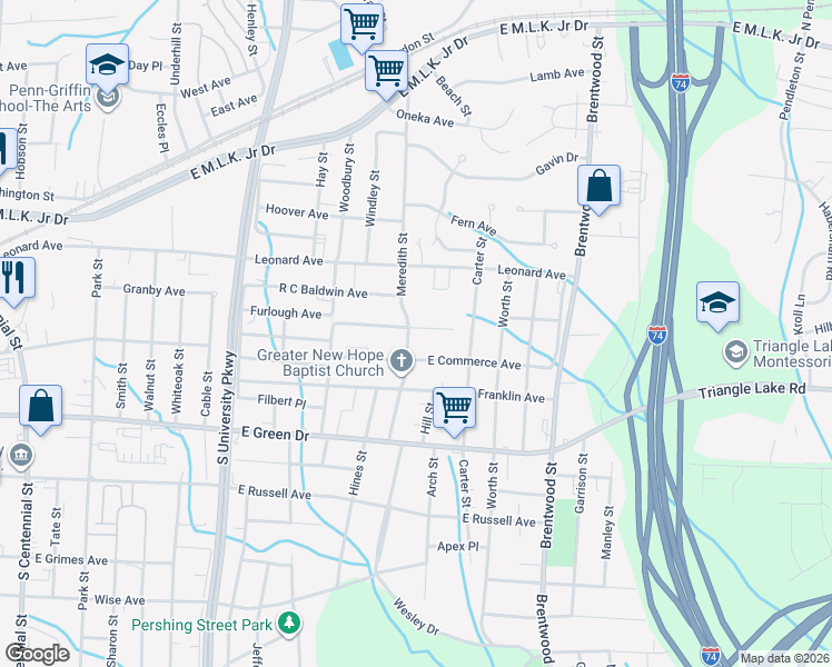 map of restaurants, bars, coffee shops, grocery stores, and more near 1506 Furlough Avenue in High Point