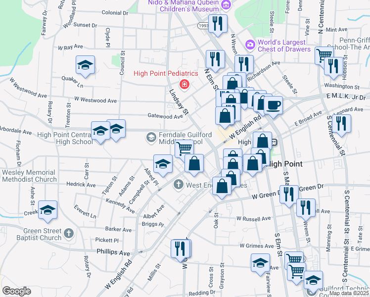 map of restaurants, bars, coffee shops, grocery stores, and more near 508 Newton Place in High Point
