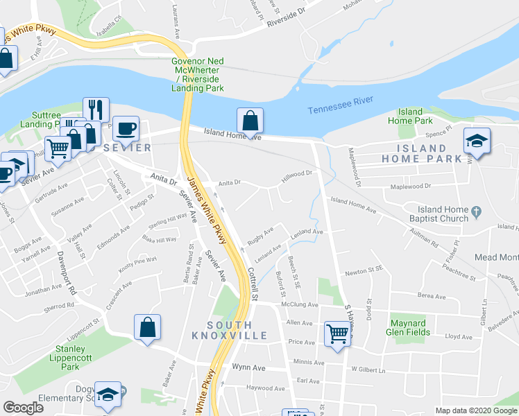 map of restaurants, bars, coffee shops, grocery stores, and more near 1708 Hillwood Drive in Knoxville