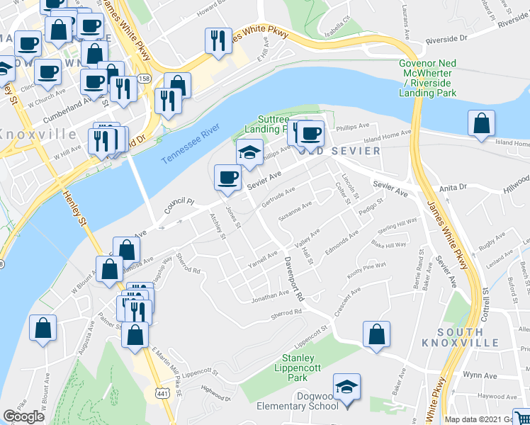map of restaurants, bars, coffee shops, grocery stores, and more near 2117 Davenport Road in Knoxville