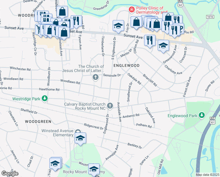 map of restaurants, bars, coffee shops, grocery stores, and more near 316 Englewood Drive in Rocky Mount
