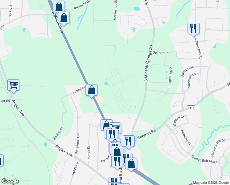 map of restaurants, bars, coffee shops, grocery stores, and more near 1367 South Miami Boulevard in Durham