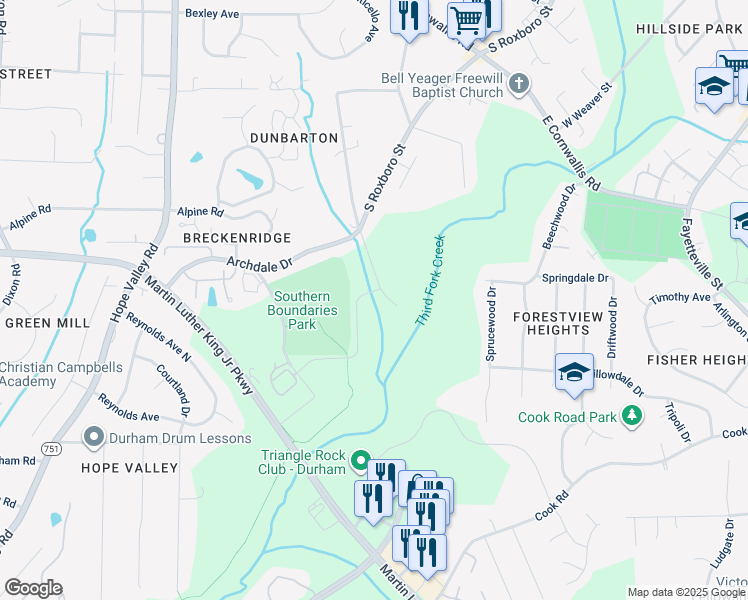 map of restaurants, bars, coffee shops, grocery stores, and more near 2606 Oak Ridge Boulevard in Durham