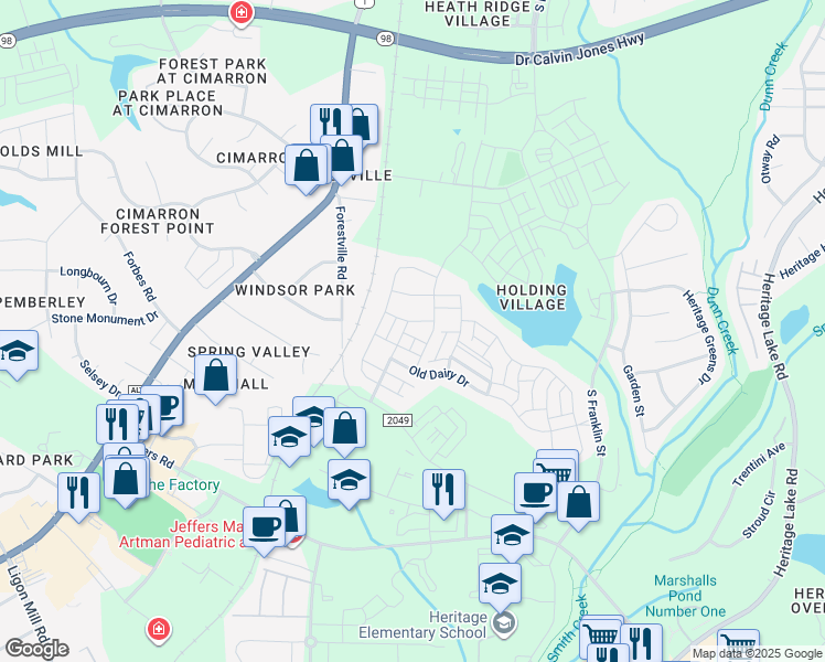 map of restaurants, bars, coffee shops, grocery stores, and more near 416 Holding Creek Drive in Wake Forest