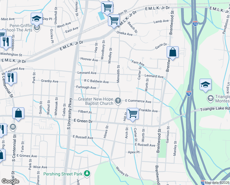 map of restaurants, bars, coffee shops, grocery stores, and more near 1428 Furlough Avenue in High Point