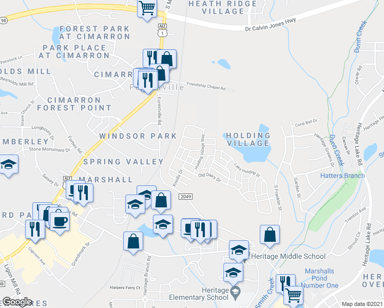 map of restaurants, bars, coffee shops, grocery stores, and more near 416 Holding Creek Drive in Wake Forest