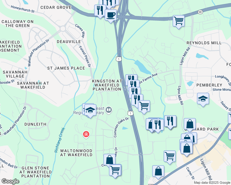 map of restaurants, bars, coffee shops, grocery stores, and more near 11731 Mezzanine Drive in Raleigh