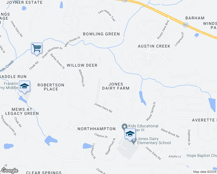 map of restaurants, bars, coffee shops, grocery stores, and more near 908 Fairlong Road in Wake Forest