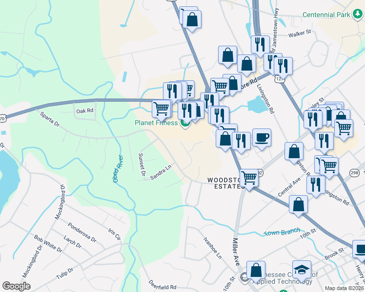 map of restaurants, bars, coffee shops, grocery stores, and more near 426 Sparta Drive in Crossville