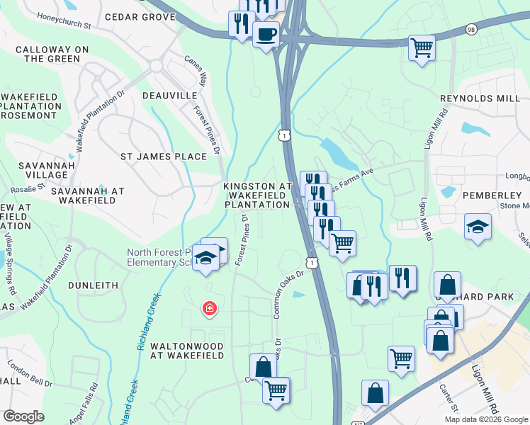map of restaurants, bars, coffee shops, grocery stores, and more near 11731 Mezzanine Drive in Raleigh