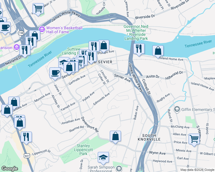 map of restaurants, bars, coffee shops, grocery stores, and more near 1022 Pedigo Street in Knoxville
