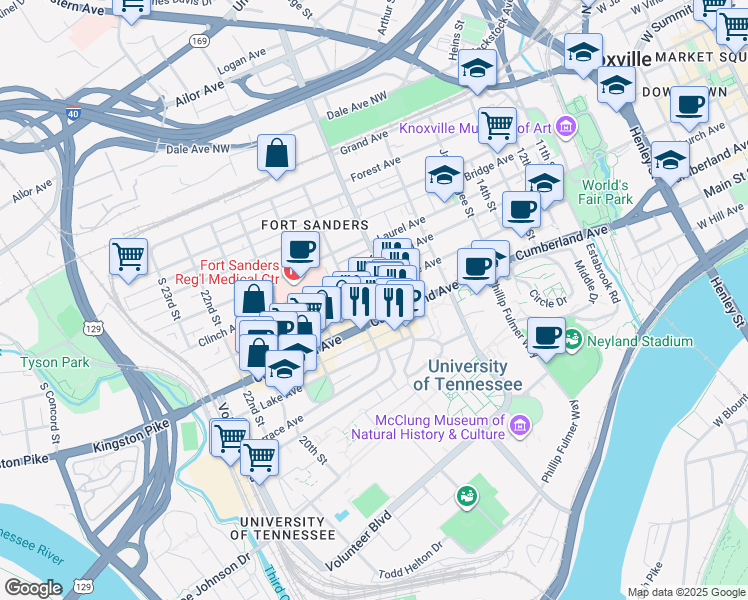 map of restaurants, bars, coffee shops, grocery stores, and more near 712 18th Street in Knoxville