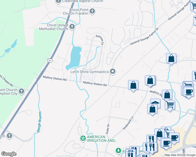 map of restaurants, bars, coffee shops, grocery stores, and more near 222 Mallory Station Road in Franklin