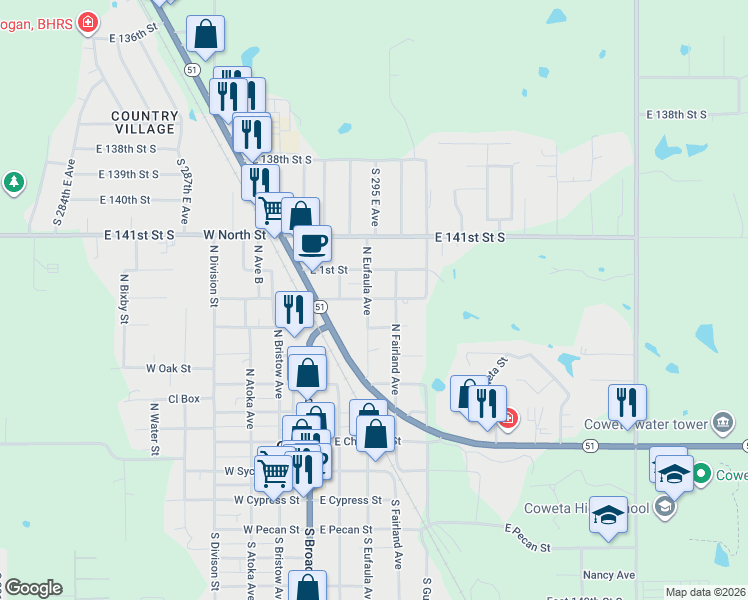 map of restaurants, bars, coffee shops, grocery stores, and more near 315 East Magnolia Street in Coweta