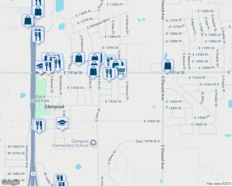map of restaurants, bars, coffee shops, grocery stores, and more near 608 East 142nd Place in Glenpool