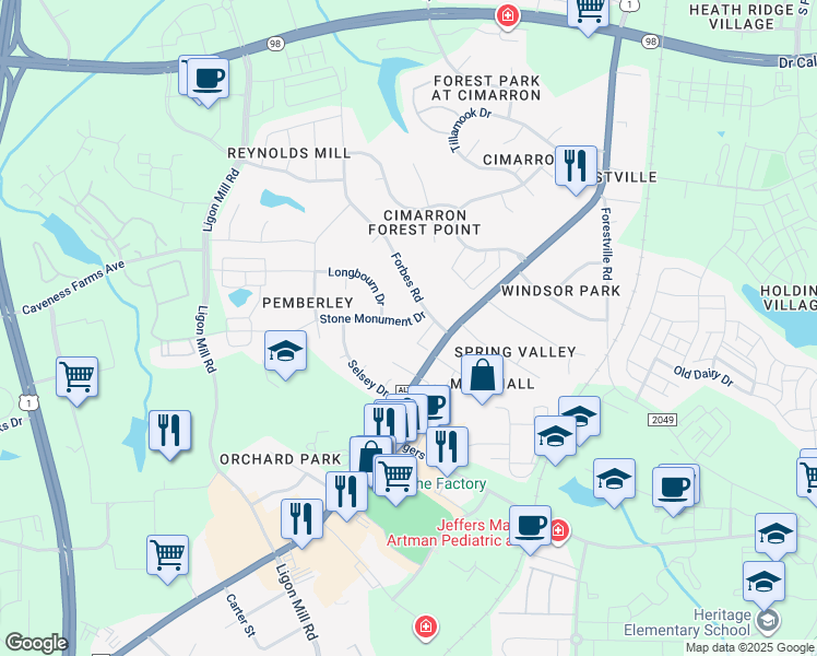 map of restaurants, bars, coffee shops, grocery stores, and more near 139 Forbes Road in Wake Forest