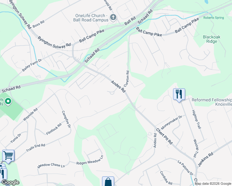 map of restaurants, bars, coffee shops, grocery stores, and more near 8524 Reagan Woods Lane in Knoxville