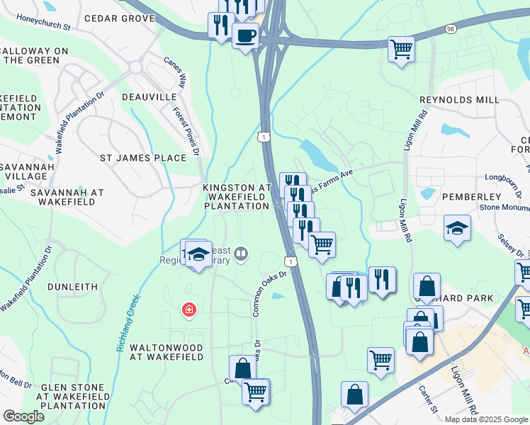 map of restaurants, bars, coffee shops, grocery stores, and more near 11730 Mezzanine Drive in Raleigh