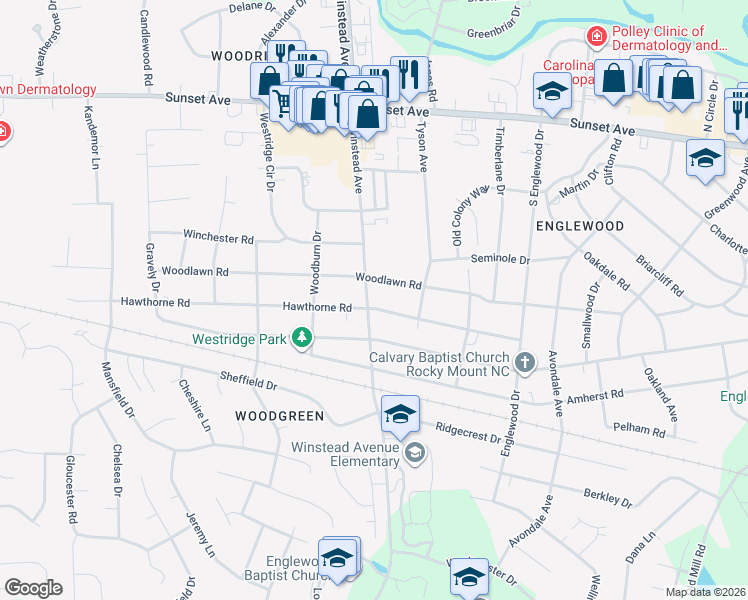 map of restaurants, bars, coffee shops, grocery stores, and more near 3417 Hawthorne Road in Rocky Mount