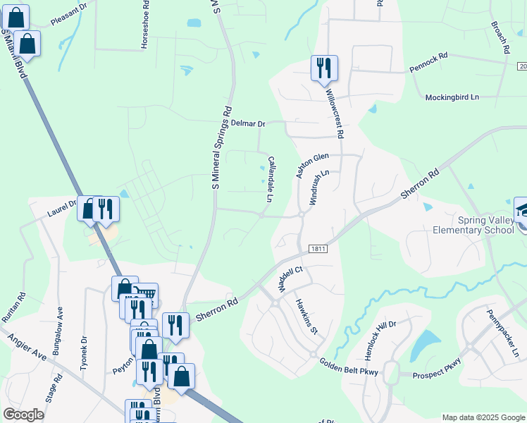map of restaurants, bars, coffee shops, grocery stores, and more near Callandale Lane in Durham