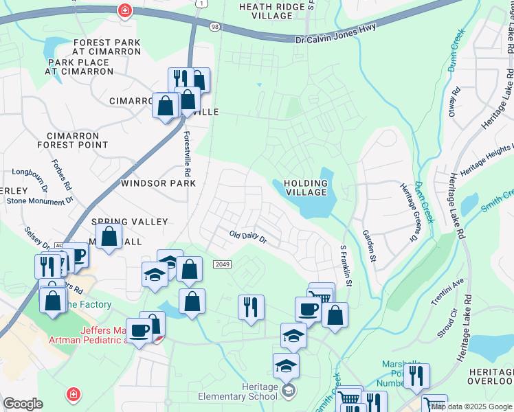 map of restaurants, bars, coffee shops, grocery stores, and more near 421 Winter Wheat Lane in Wake Forest