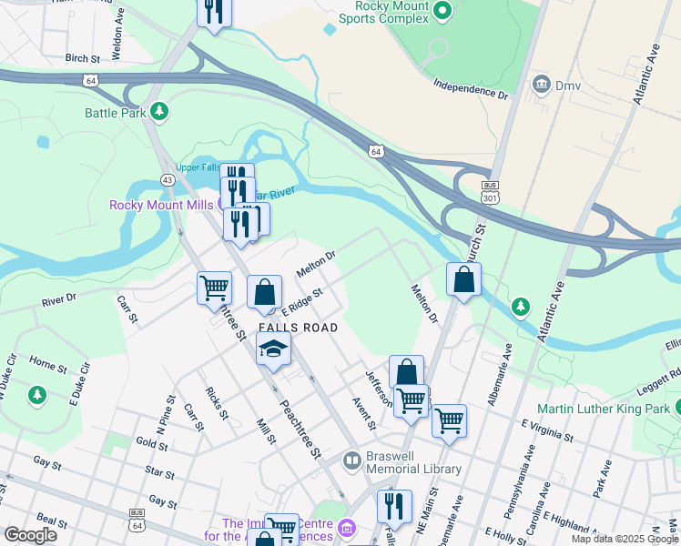 map of restaurants, bars, coffee shops, grocery stores, and more near 310 East Ridge Street in Rocky Mount
