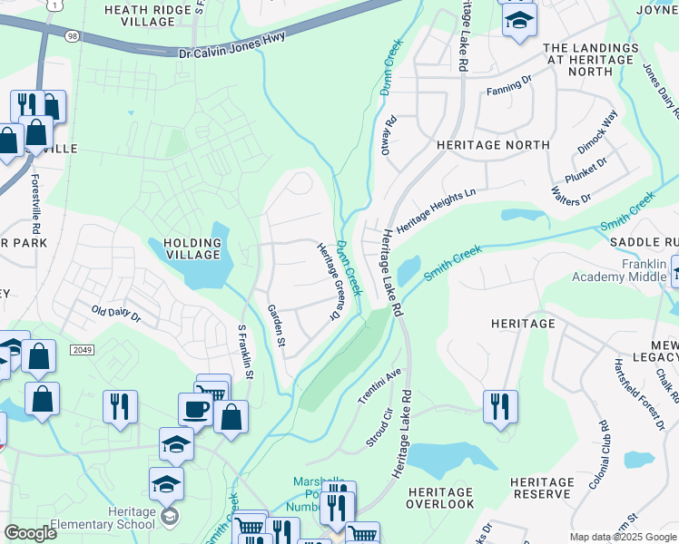 map of restaurants, bars, coffee shops, grocery stores, and more near 1021 Heritage Greens Drive in Wake Forest