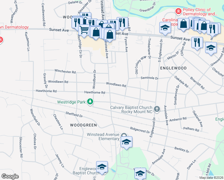 map of restaurants, bars, coffee shops, grocery stores, and more near 3417 Hawthorne Road in Rocky Mount